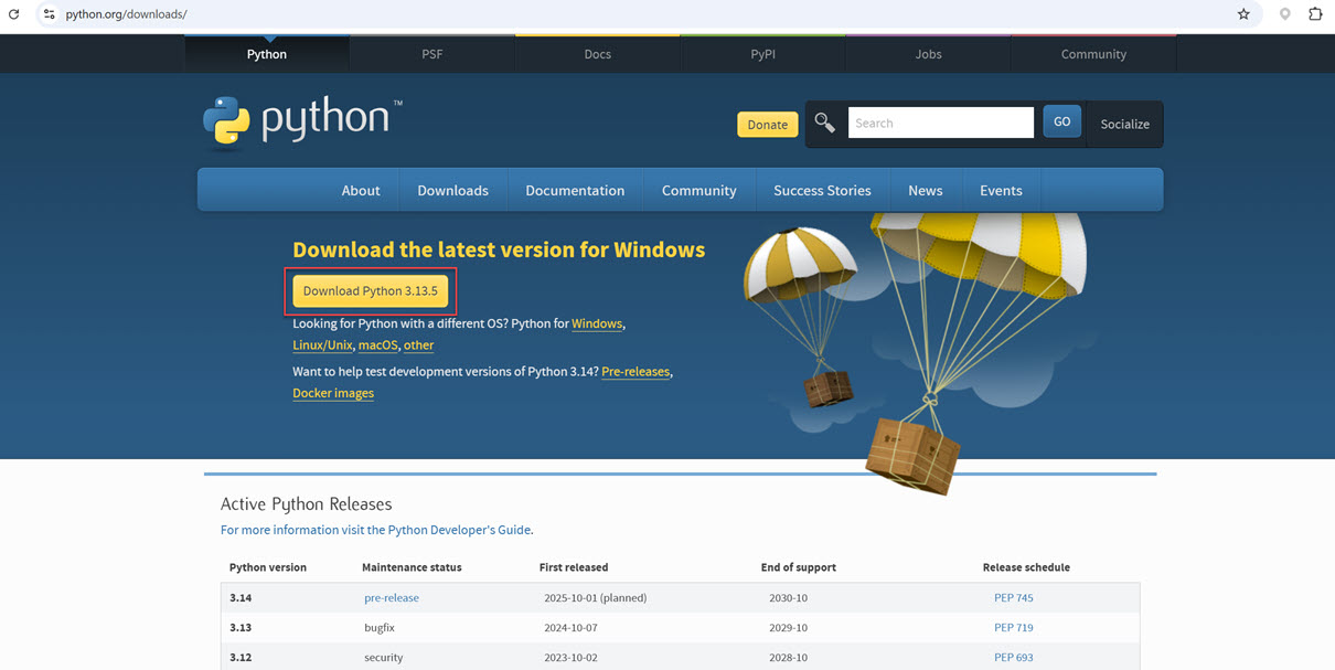 Python.org početna strana sa označenim dugmetom Downloads