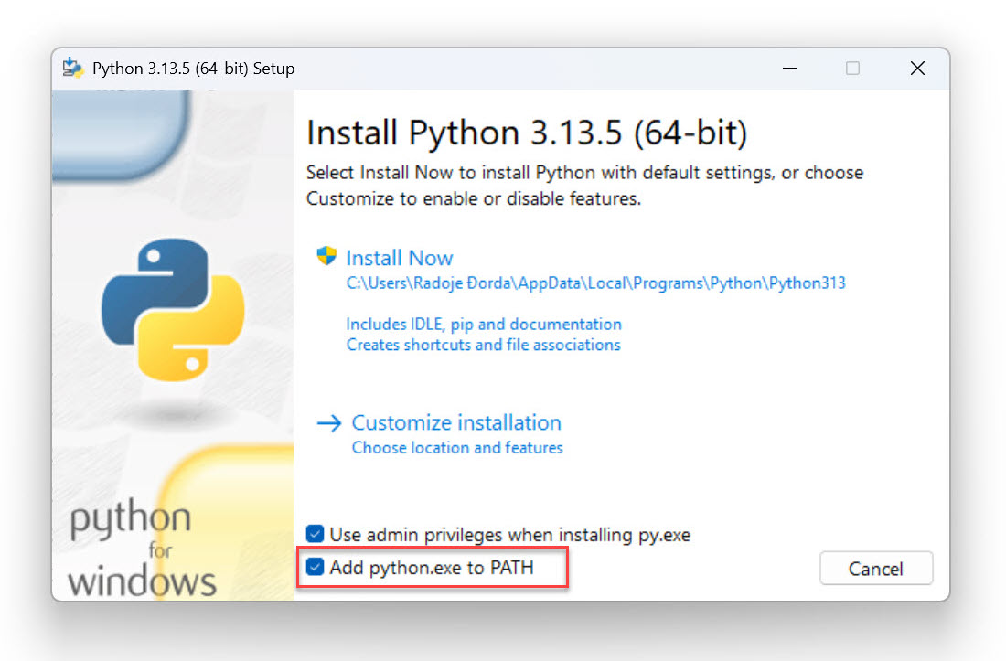 Python installer sa označenom opcijom "Add Python to PATH"