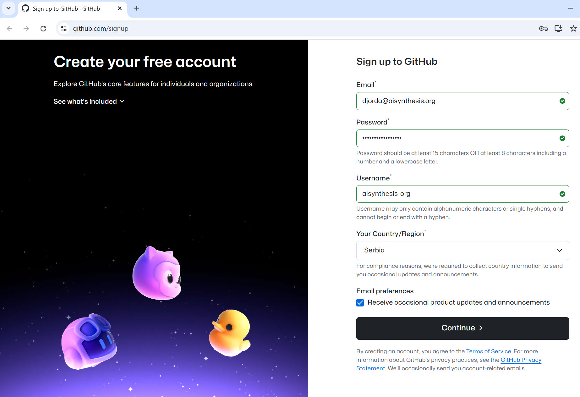 GitHub signup stranica sa označenim poljima