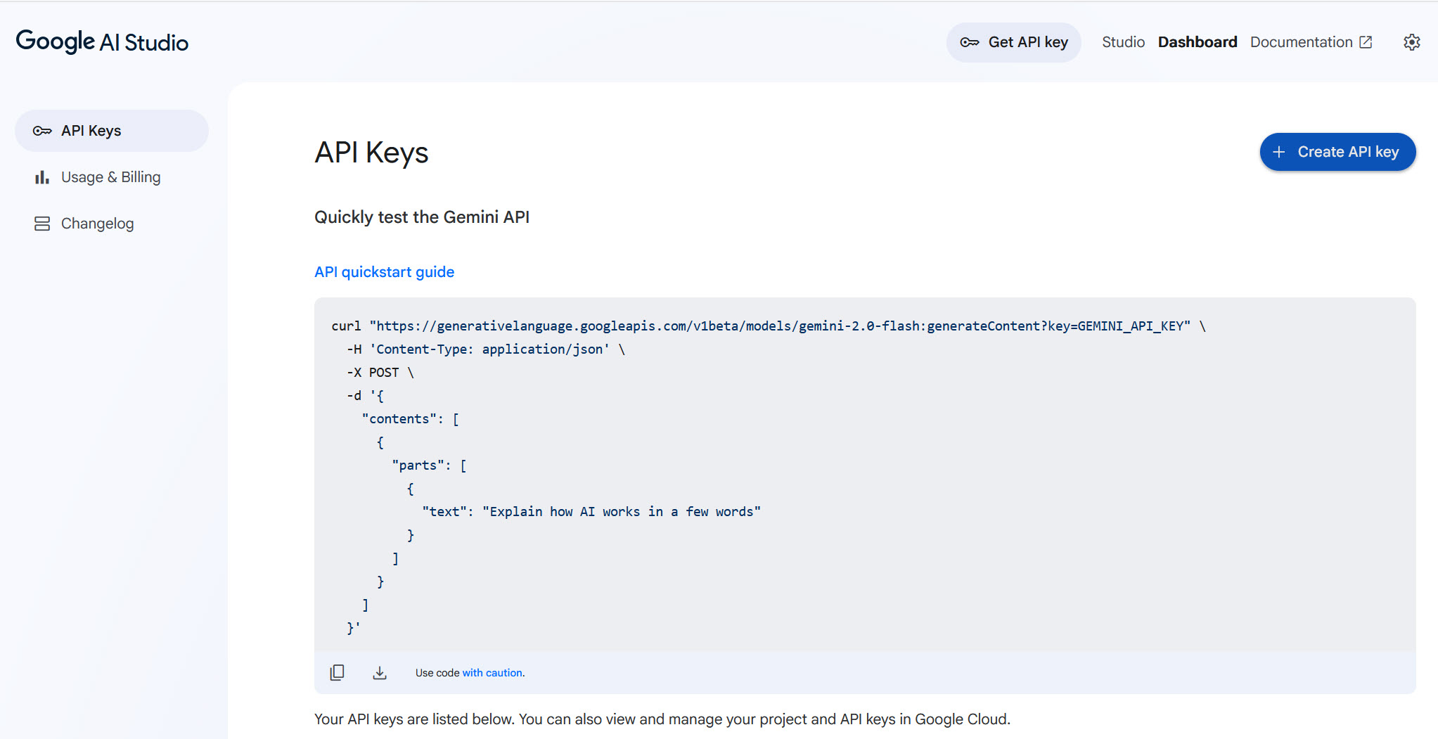 Google AI Studio Get API key dugme