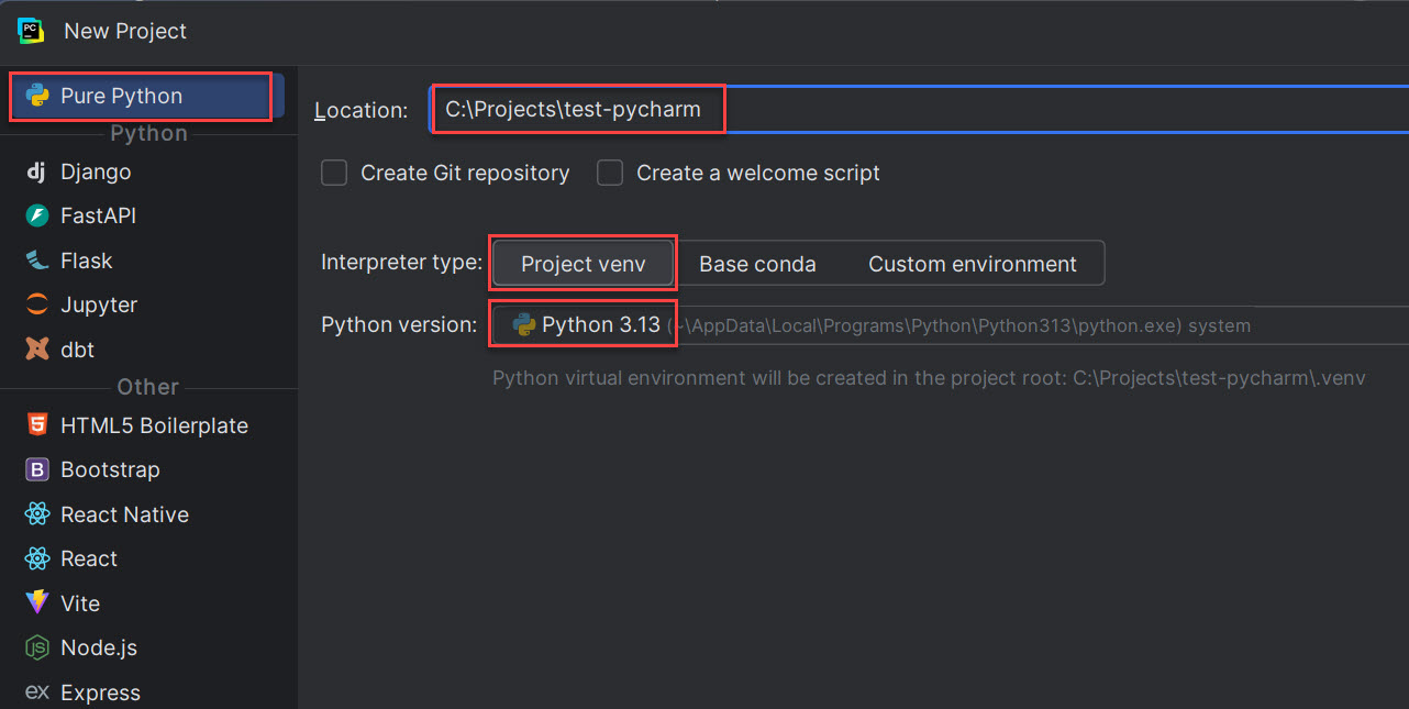 New Project dialog sa popunjenim poljima