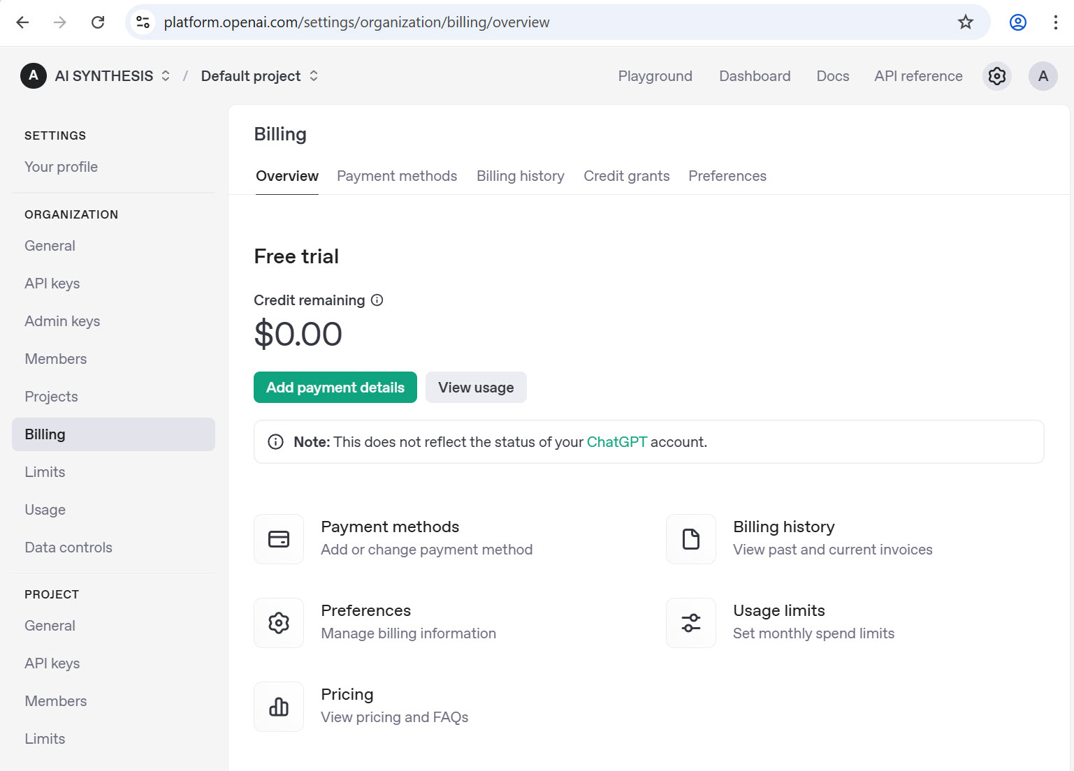 OpenAI Billing stranica sa Add payment method
