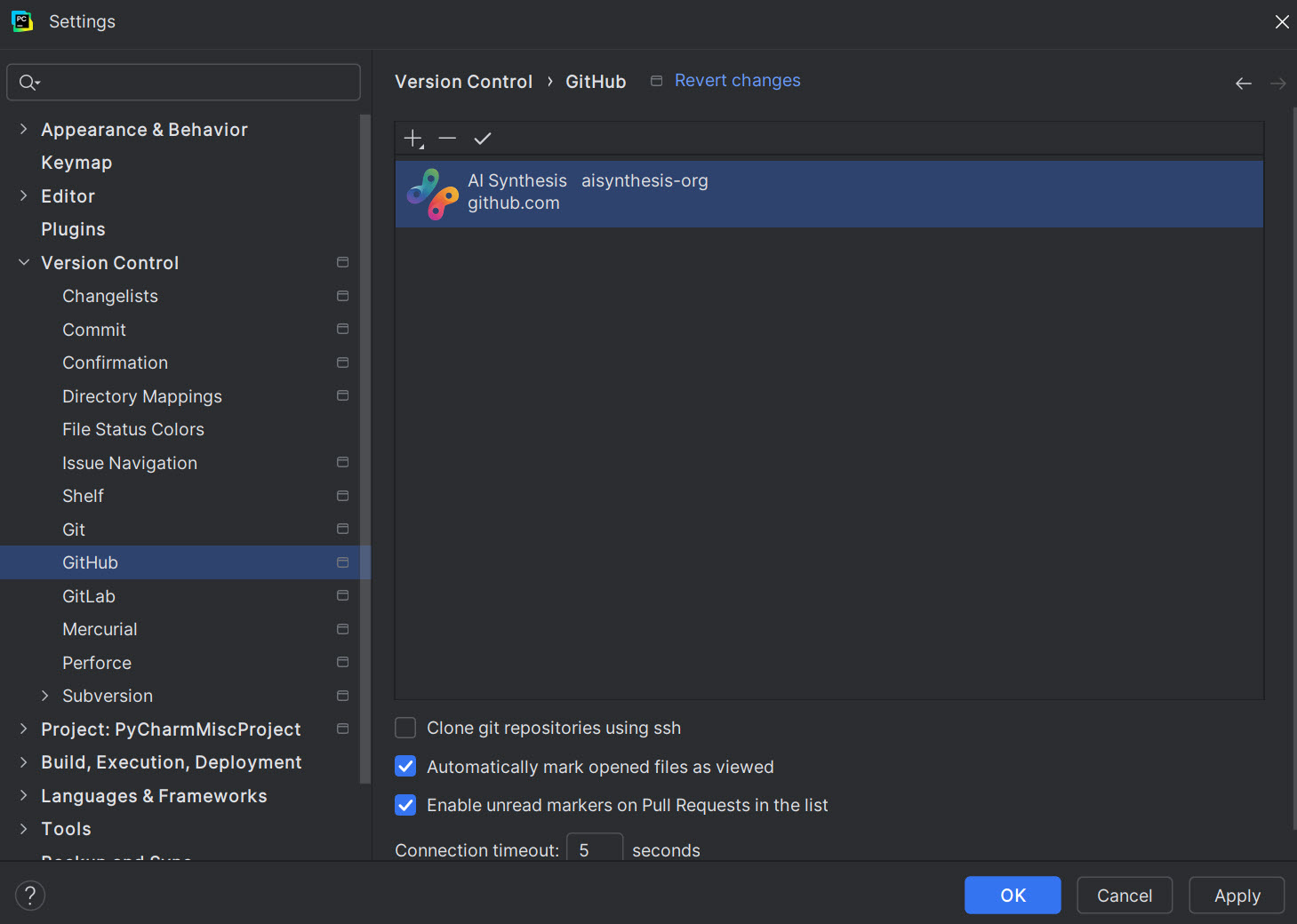 PyCharm Settings sa označenom GitHub sekcijom