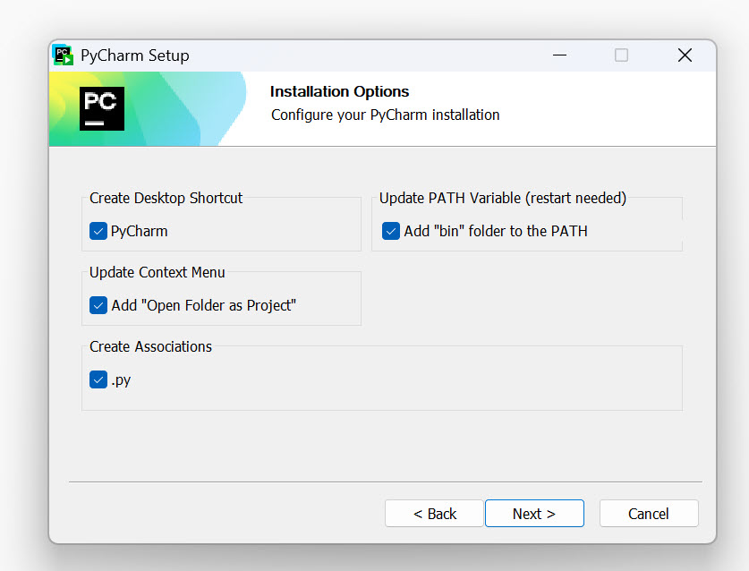PyCharm installation options sa označenim checkboxovima