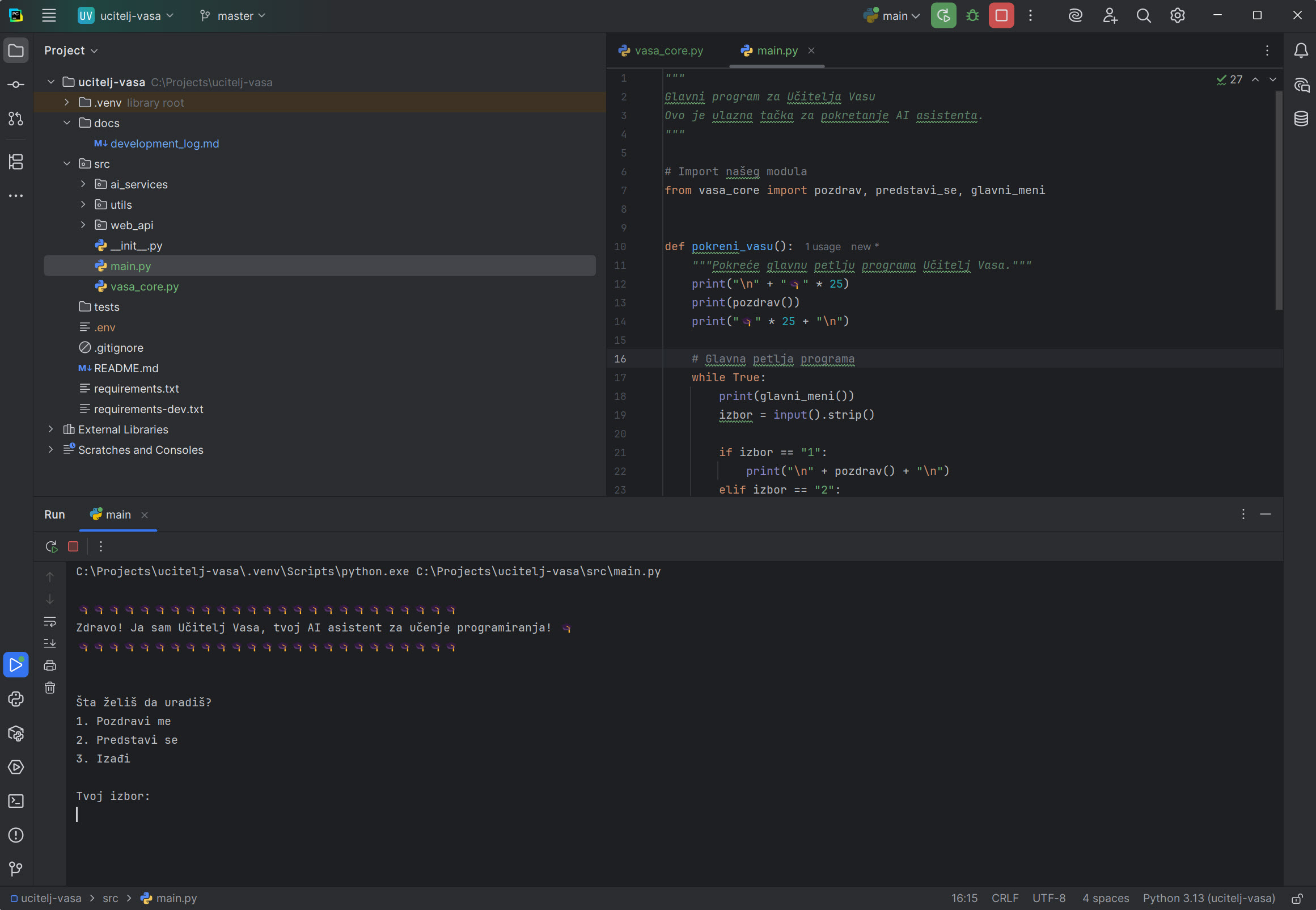 PyCharm sa pokrenutim programom u konzoli