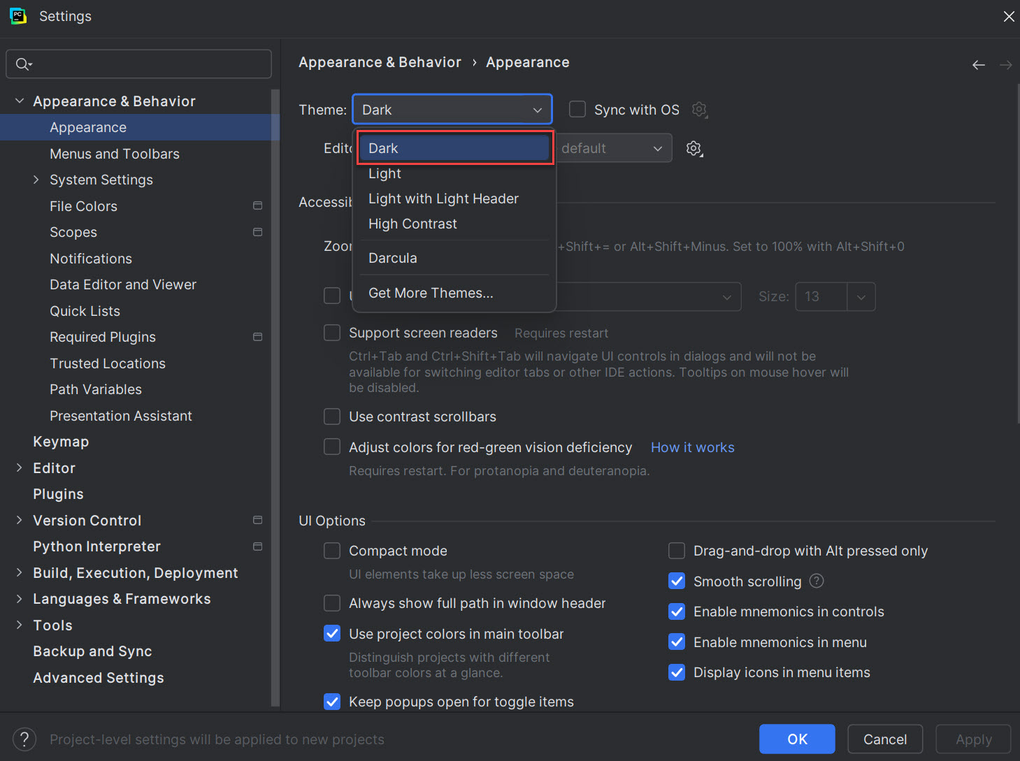 PyCharm theme selection sa Dark temom