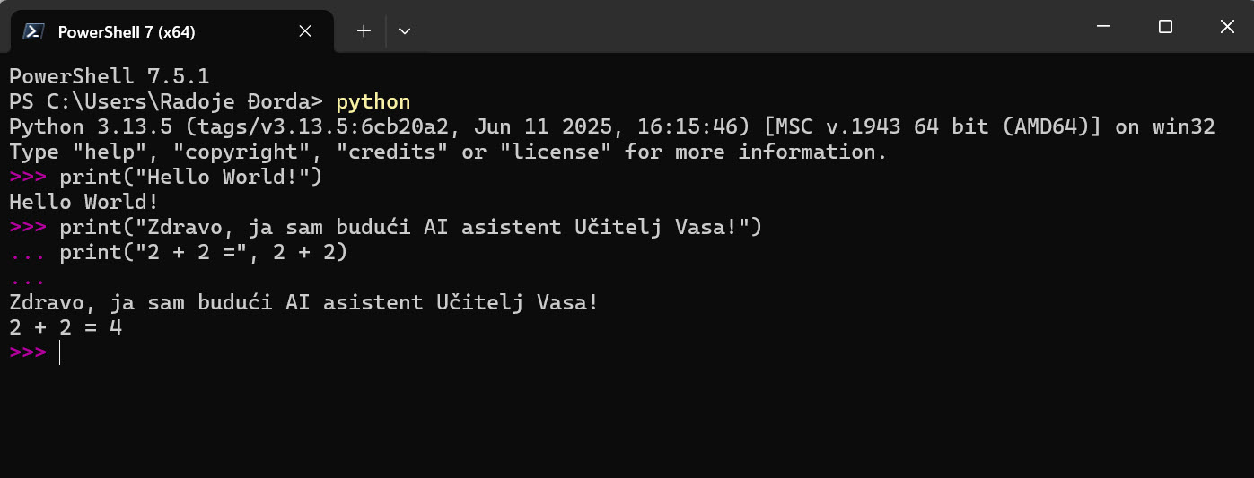 Python interpreter sa primerom koji ispisuje Hello World