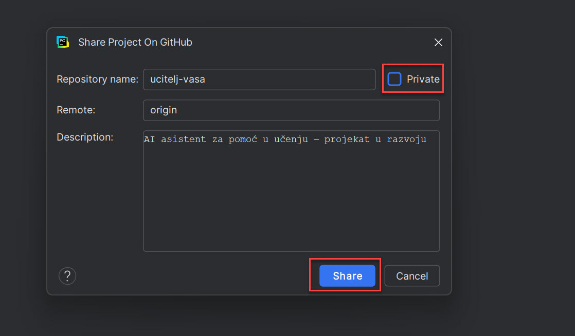 Share Project on GitHub dialog sa popunjenim poljima-step-4