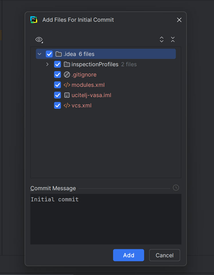 Share Project on GitHub dialog sa popunjenim poljima - napomena
