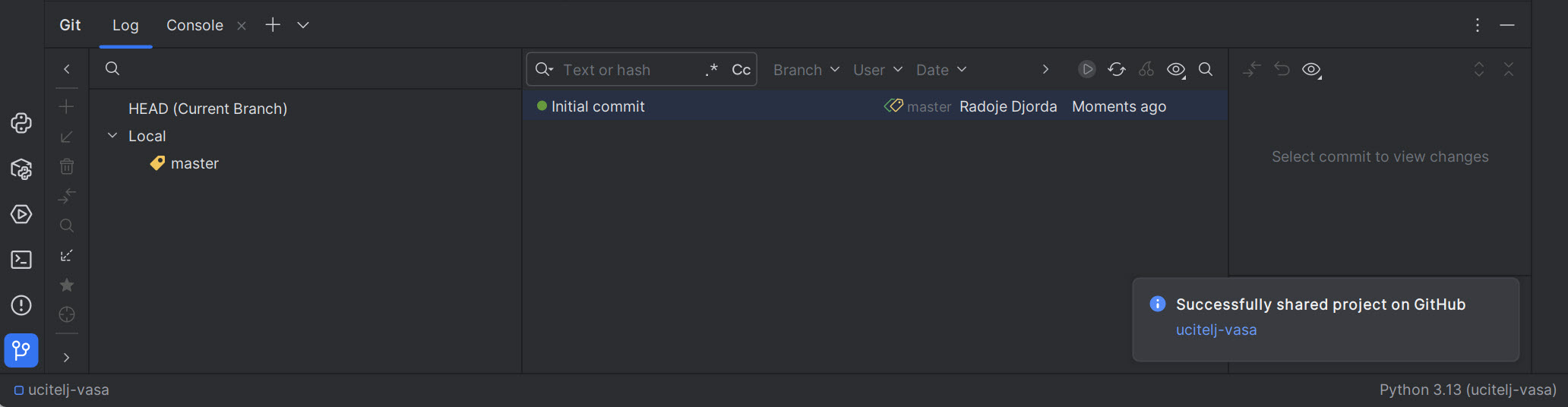 Share Project on GitHub dialog sa popunjenim poljima - napomena