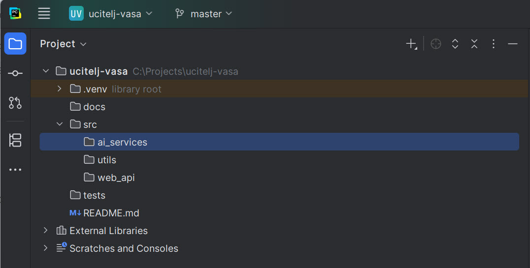 PyCharm sa kreiranom strukturom foldera