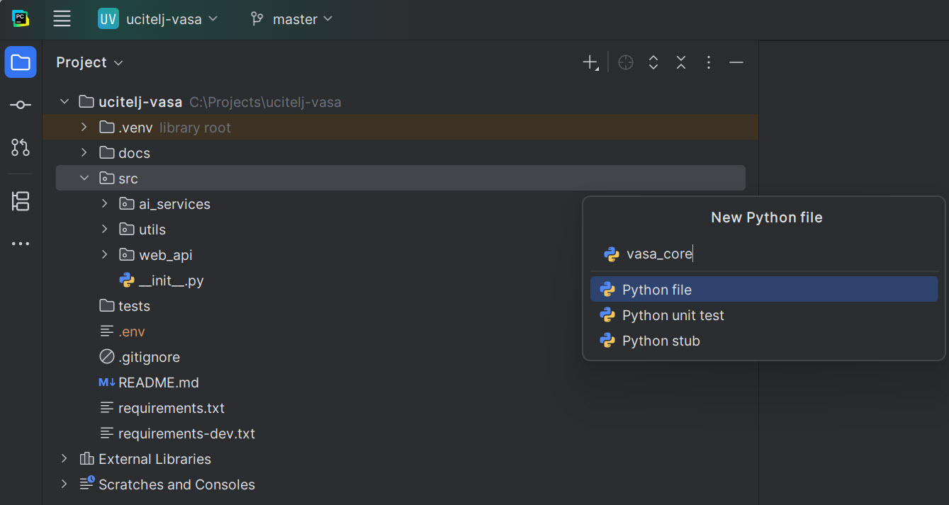 PyCharm sa src folder i New → Python File dijalogom